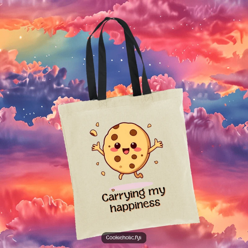 Funny tote bag featuring a cookie character dancing happily, crumbs scattering, a cheerful and practical accessory.