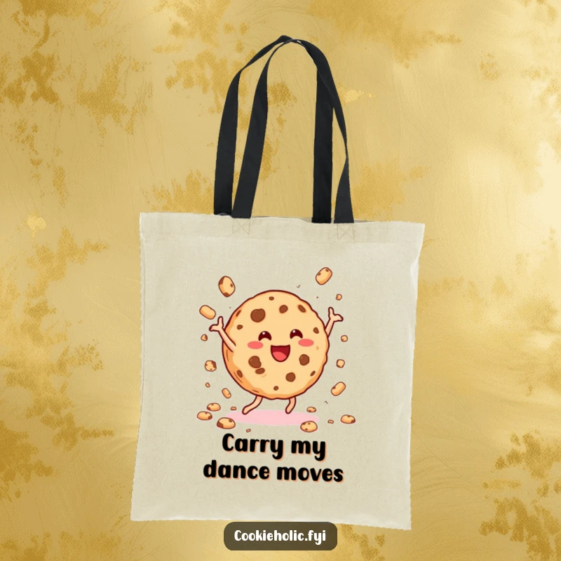 Funny cookie dance tote bag depicting a cheerful cookie dancing wildly and scattering crumbs, ideal for errands.