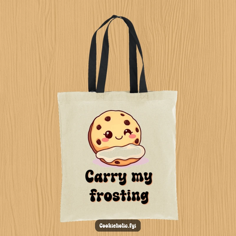 Funny cookie frosting tote bag depicting a cookie grinning as it dunks into a large pool of frosting.