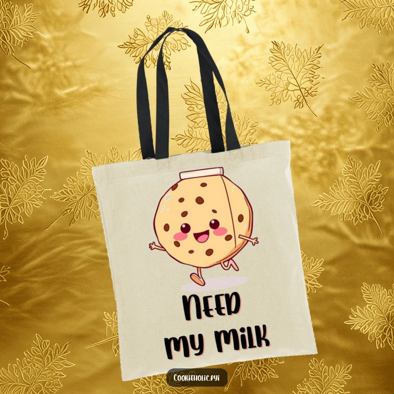 Funny tote bag showing a happy cookie with tiny legs running towards a giant milk carton, perfect for grocery runs and more.