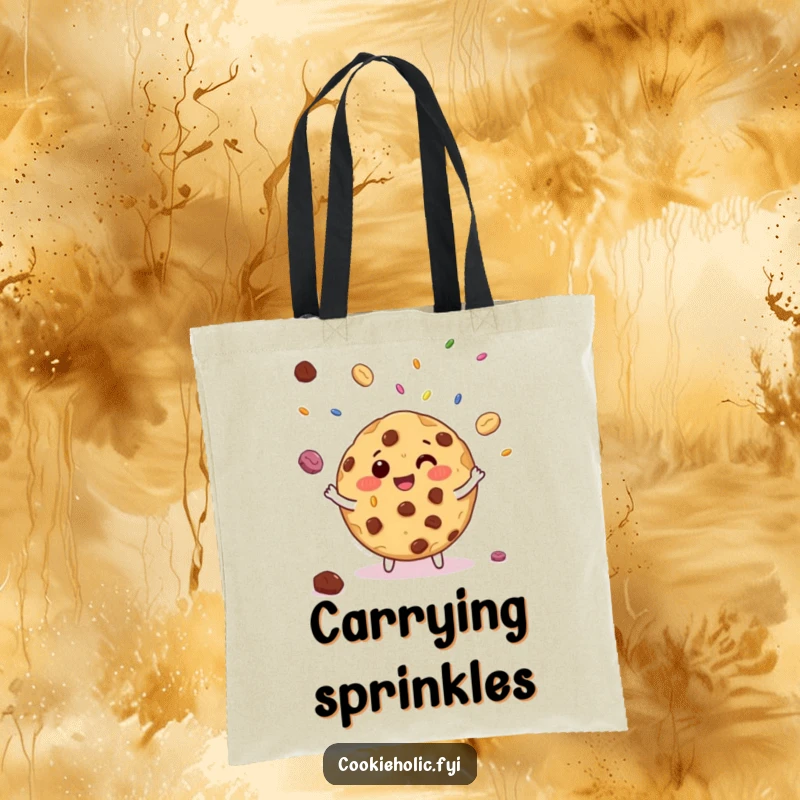 Funny tote bag with a giggling chocolate chip cookie juggling miniature candy sprinkles, perfect for shopping and everyday use.
