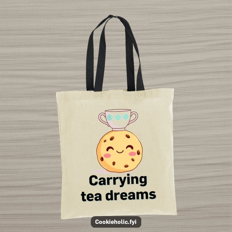 Funny cookie tote bag featuring a smiling cookie balancing a small teacup on its head, perfect for carrying treats.