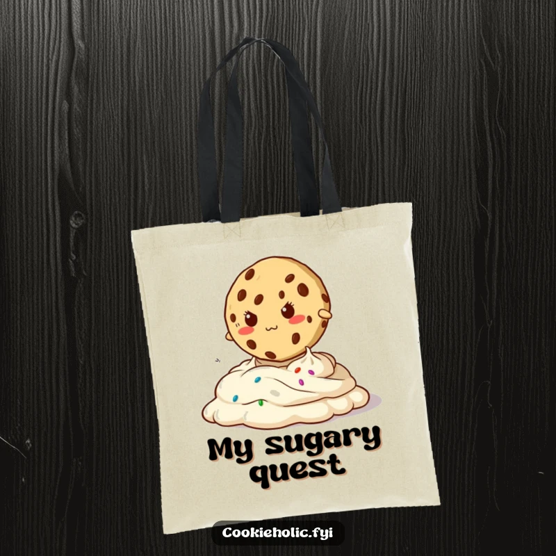 Funny tote bag depicting a determined cookie jumping over oozy frosting, a practical and humorous accessory for daily tasks.