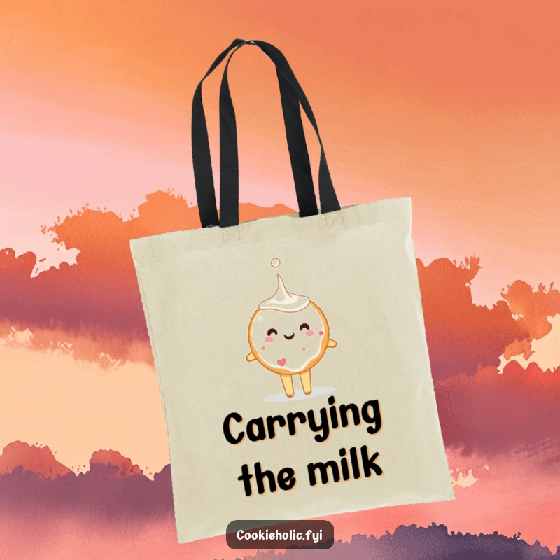 Funny sugar cookie character tiptoeing with a giant milk drop, featured on a durable tote bag, emphasizing a humorous shopping trip.