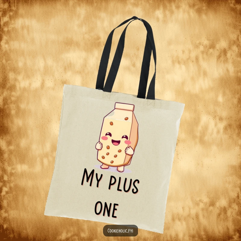 Funny tote bag featuring a cookie with a giant smile hugging a milk carton, celebrating friendship.