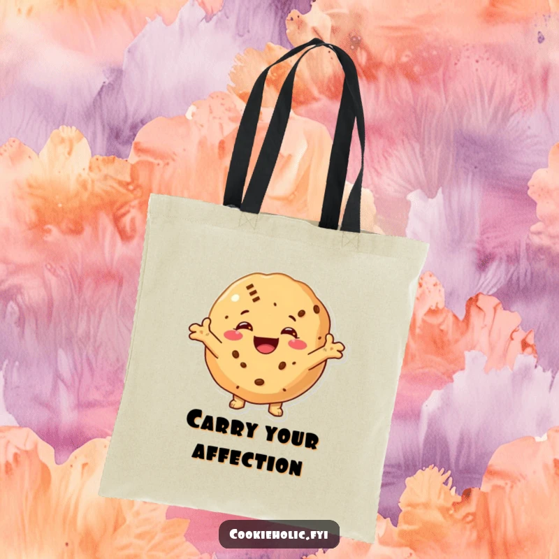 Funny tote bag with a cookie holding its arms outstretched, smiling widely and inviting everyone for a cheerful hug.