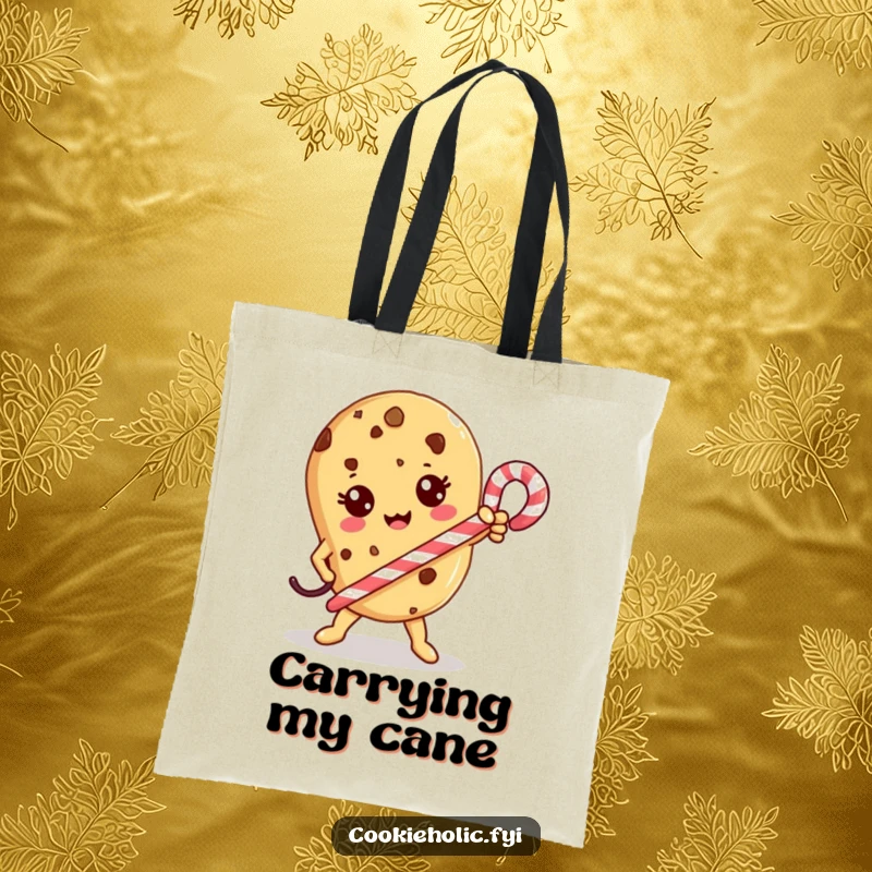 Funny Tote Bag: A Kawaii cookie character strikes a heroic pose holding a candy cane, ready for action.