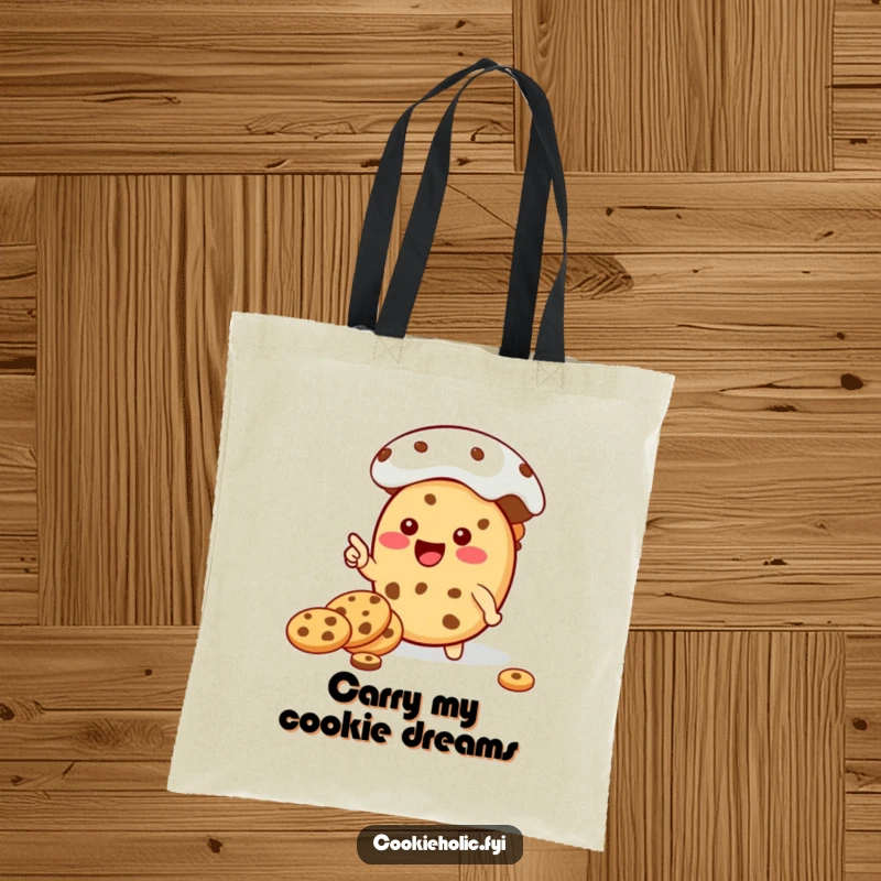 Funny Kawaii cookie character indicating a large cookie jar, printed on a sturdy, funny tote bag.