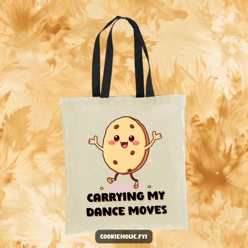 Funny tote bag featuring a kawaii cookie character in a silly dance pose, with crumbs scattering from its feet.