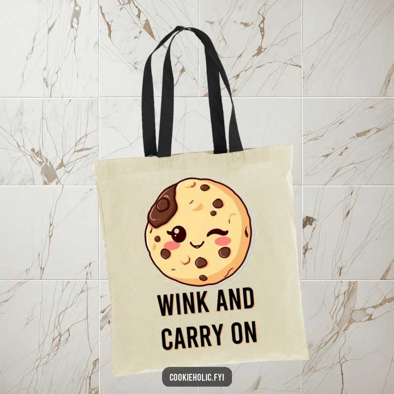 Funny kawaii tote bag with a chocolate chip cookie character winking, featuring a chocolate smudge and playful charm.