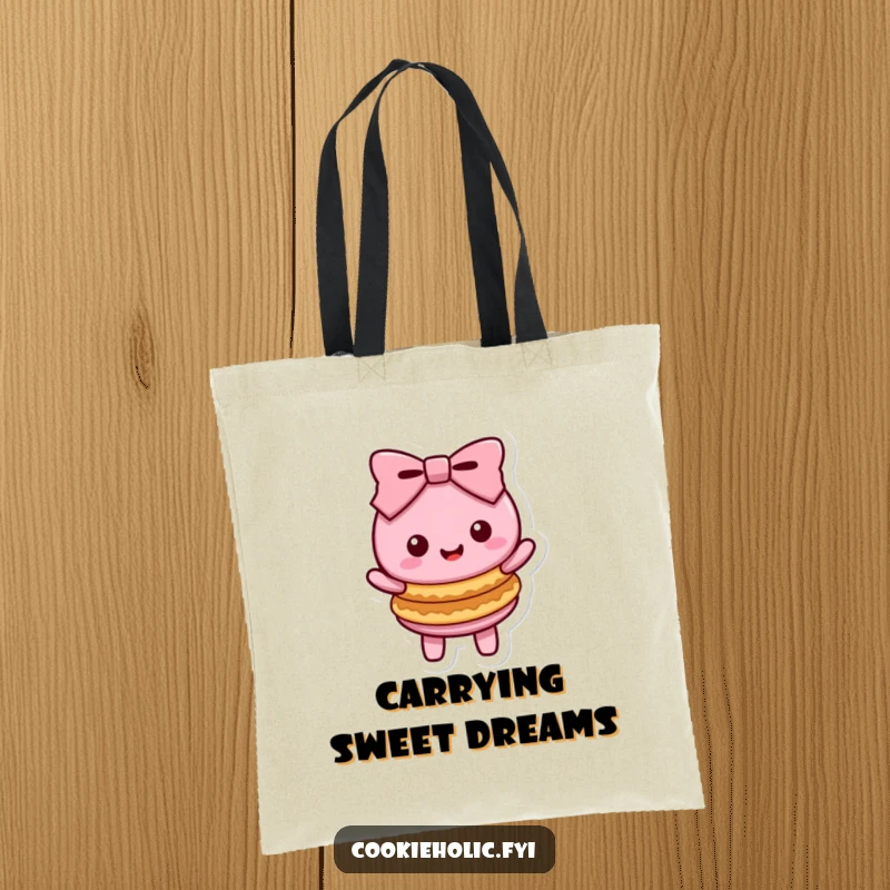 Funny Kawaii macaron character in a happy bow with two stacked cookies, a stylish and functional tote bag.