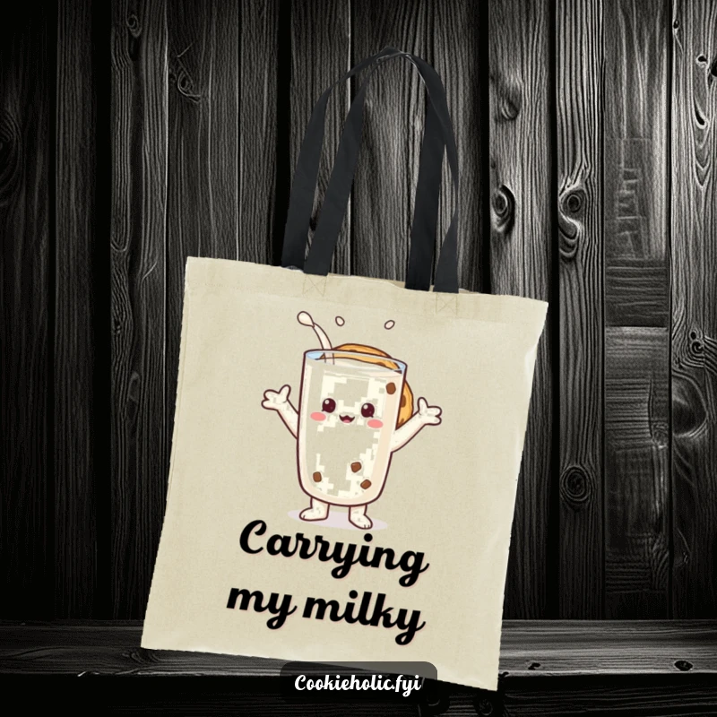 Funny tote bag with a cookie character embracing a huge glass of milk, celebrating their friendship.