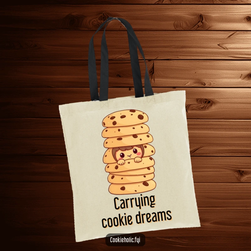 Funny cookie character peeking from behind a tall stack of cookies on a reusable tote bag.