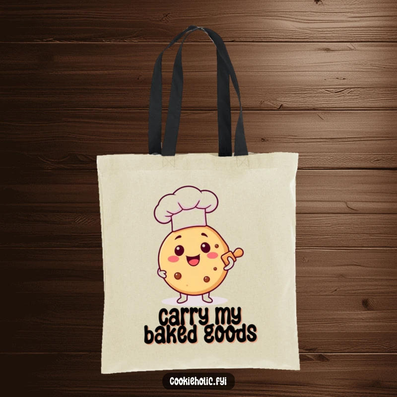 Funny tote bag with a happy cookie chef, perfect for carrying baking essentials with a touch of sweetness.
