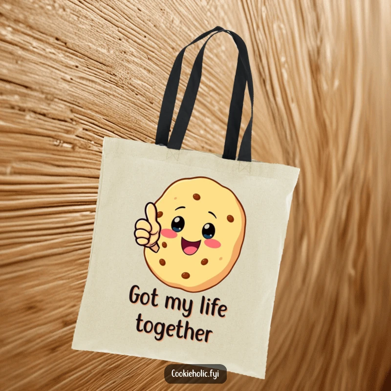 Funny tote bag featuring a kawaii cookie character giving a cheerful thumbs-up, perfect for carrying positivity and goods.
