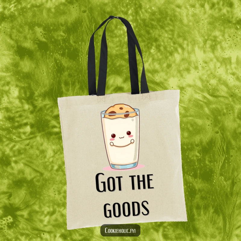 Funny cookie peek tote bag showing a mischievous cookie hiding behind a large milk glass, perfect for daily use.