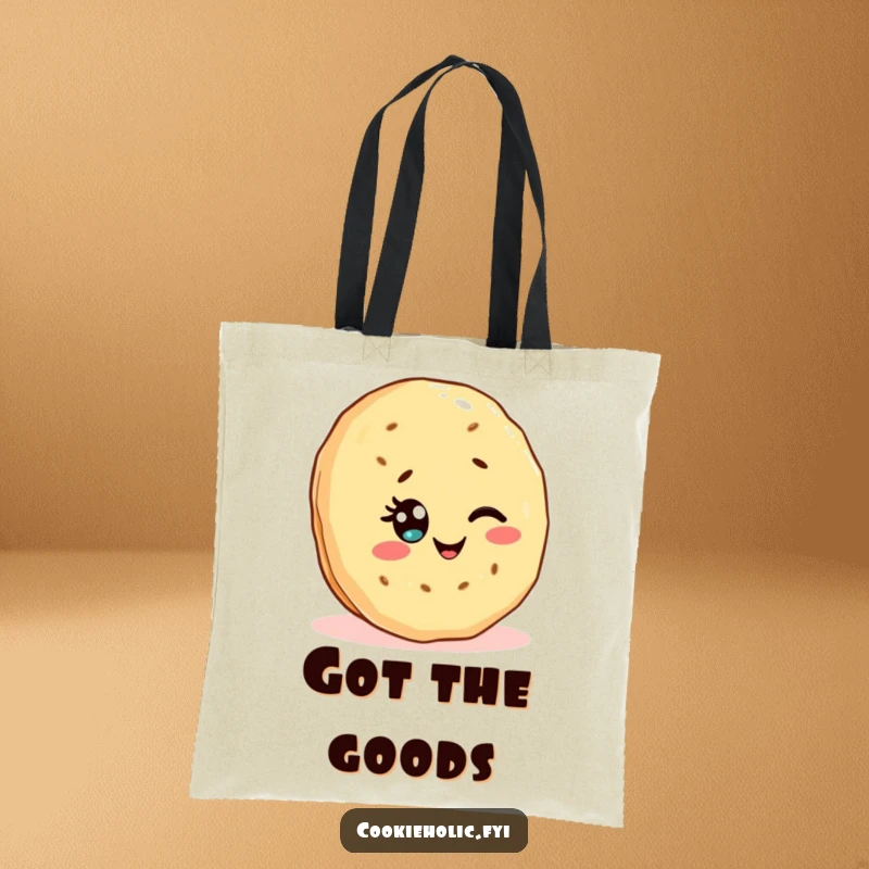 Funny tote bag with a Kawaii shortbread cookie character winking with a sprinkle eye, perfect for stylish and sweet outings.