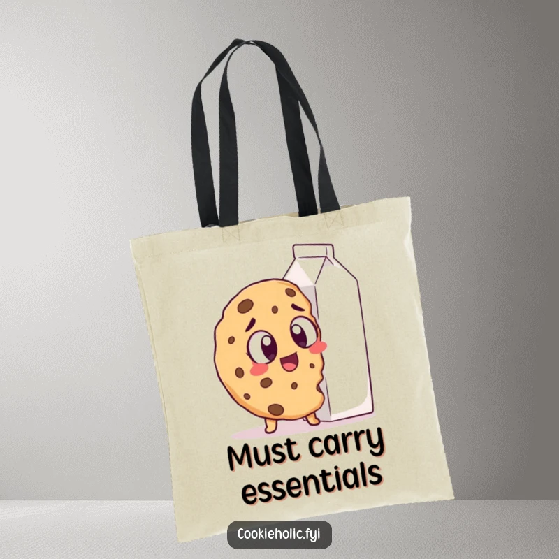 Funny Tote Bag: A cookie with large, excited eyes spots a giant milk carton, a humorous symbol of desire.
