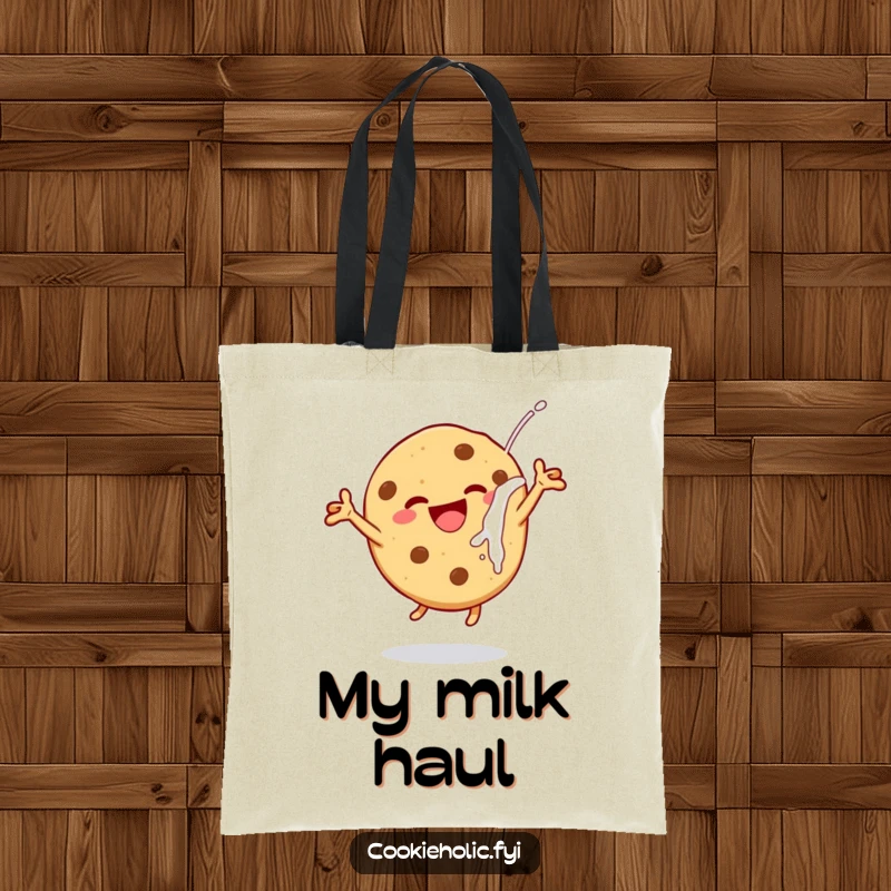 Funny cheerful cookie tote bag, showing a cookie leaping with delight after dunking in milk, perfect for humorous everyday use.