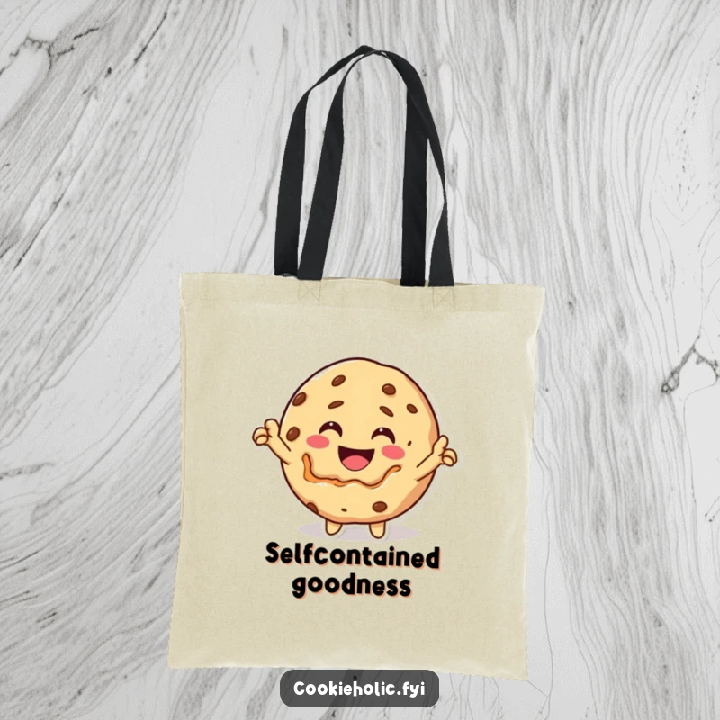 Funny Tote Bag: A happy Kawaii cookie character bites itself triumphantly, showcasing bold self-expression.