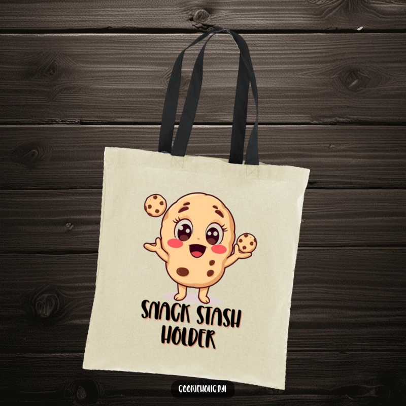 Funny tote bag depicting a cookie character juggling miniature cookies, showcasing a passion for baking and humor.